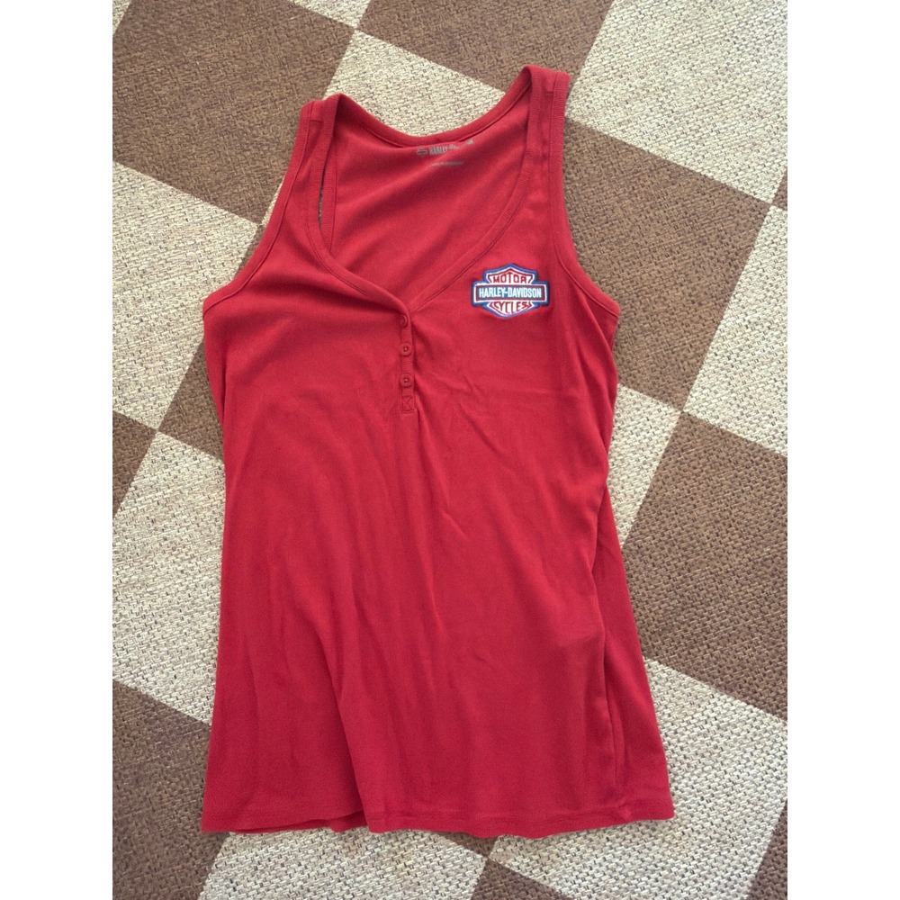 Harley-Davidson Womens Red Ribbed Henley Tank Top Logo Patch Size L